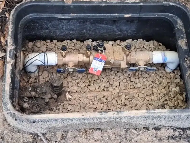 New backflow preventer assembly installed in ground box for backflow testing prevention in Stanton