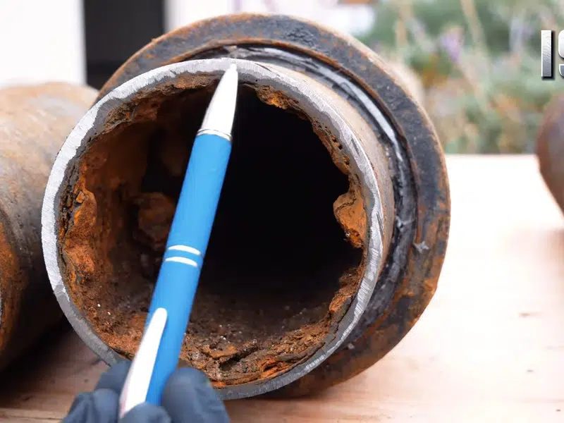 Corroded cast iron drain pipe section with heavy interior buildup for drain cleaning vs hydro jetting when to choose in Stanton