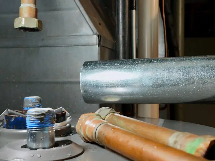 Copper and vent piping on top of gas water heater for tankless water heater in Stanton