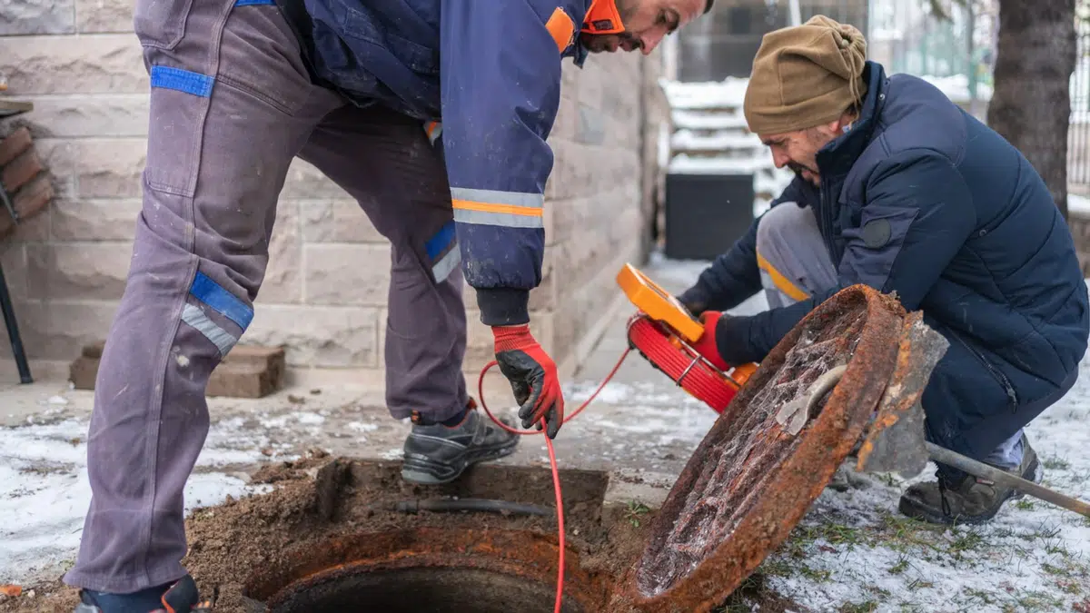Technicians feeding line through sewer cleanout outside for commercial plumbing in Stanton