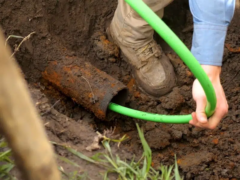 Green hose feeding into exposed sewer line outside for sewer line repair vs replacement orange county in Stanton