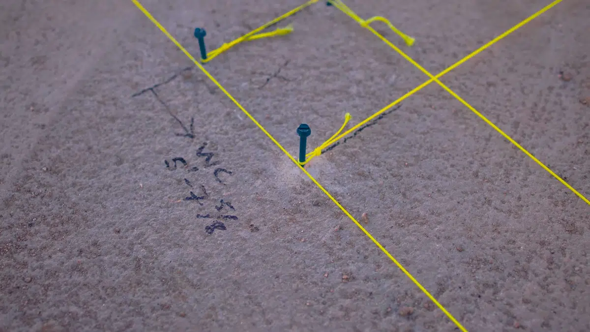Yellow tape layout marking pipe route on concrete slab for leak detection in Stanton