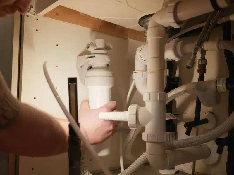 Under-sink drain and filter plumbing connections for drain cleaning unclogging in Stanton