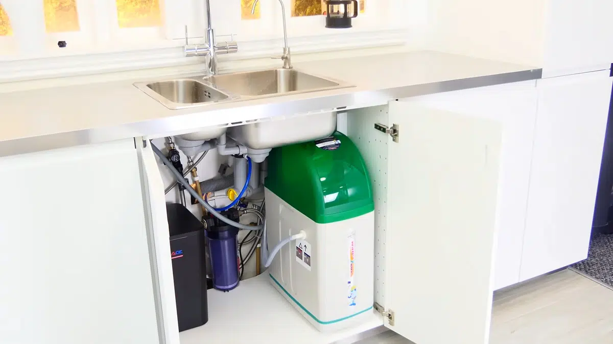 Under-sink filter and green storage tank cabinet for faucet sink repair in Stanton