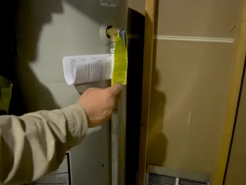 Plumber checking a water heater installation for plumbing blog index in Stanton shown from a different service angle